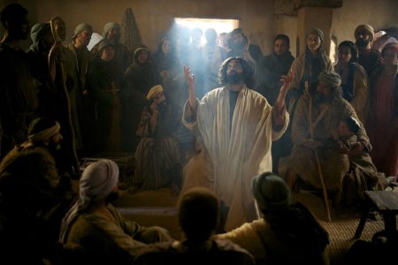 Jesus in Gospel of Mark ministering in a house with roof opening
